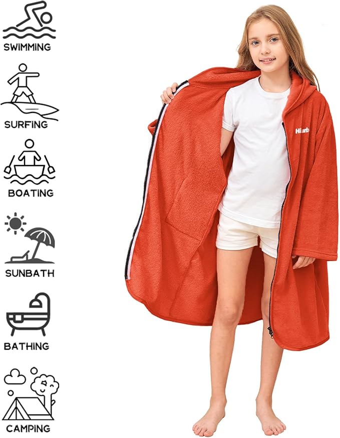 Hiturbo Kids Bath Towel Hoodie: Soft Plush Zipper Surf Poncho - Warm Fleece Changing Towels Swimming Outerwear (Orange)
