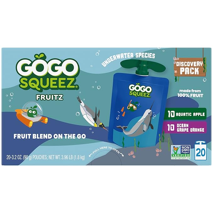 GoGo squeeZ Applesauce and Fruit Puree Underwater Species Discovery Pack, Aquatic Apple and Ocean Grape, 3.2 oz Pouches (Pack of 20), Unsweetened Snacks for Kids, BPA Free Pouches