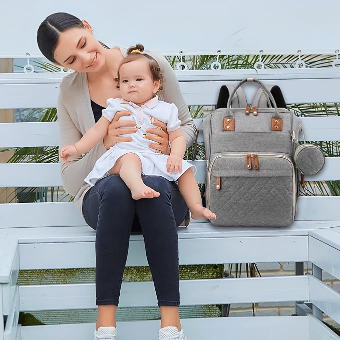 Baby Diaper Bag Backpack with Changing Station Travel Waterproof 3 in 1 Foldable Pad Unisex Grey