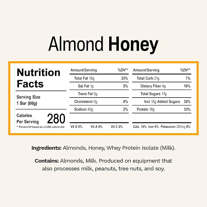 Rise Breakfast Whey Protein Bars Almond Honey, 18g Protein, 2.01 oz (12 Pack)