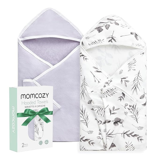 Momcozy Hooded Baby Towel, 2 Pack and Cotton Bath Towel with Hooded, Large 35 X 35 Inch, Baby Towel Set for Boy or Girl,Infant and Kid, Ink Wash Leaves