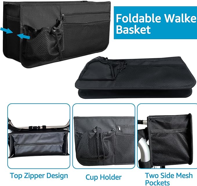 Basket for Walkers for Seniors Detachable, Walker Storage Bags and Pouches Accessories for Rolling Folding Walker to Carry Things, Rollator Walker Foldable Basket with Cup Holder, Gifts for Seniors