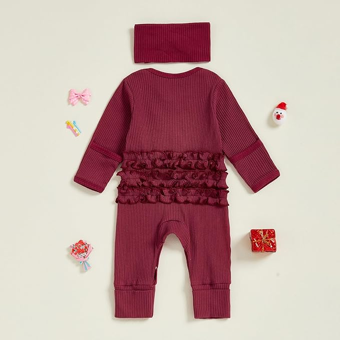 Newborn Baby Girls Rompers Knit Round Neck Long Sleeve Infant Fall Jumpsuits with Headband Coming Home Outfit