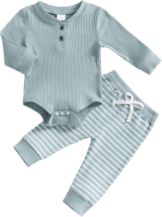 Newborn Baby Boy Girl Clothes Ribbed Knitted Long Sleeve Romper Pants Solid Cotton Infant Fall Winter Outfits 2Pcs
