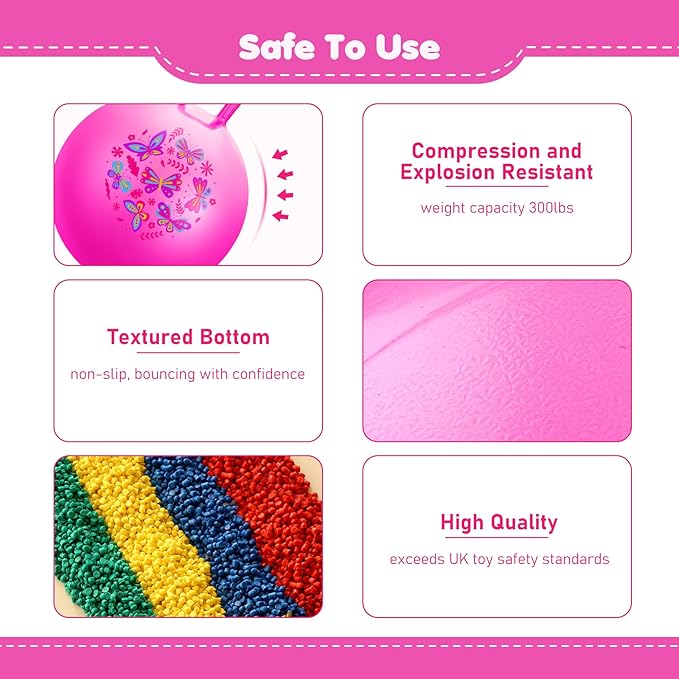 EVERICH TOY Hopper Ball, Pink Butterfly Hopping Toys for Kids, 18 Inch Bouncy Ball with Handle, Indoor Outdoor Inflatable Hoppity Hop Toy for Girls Boys Gift with Pump