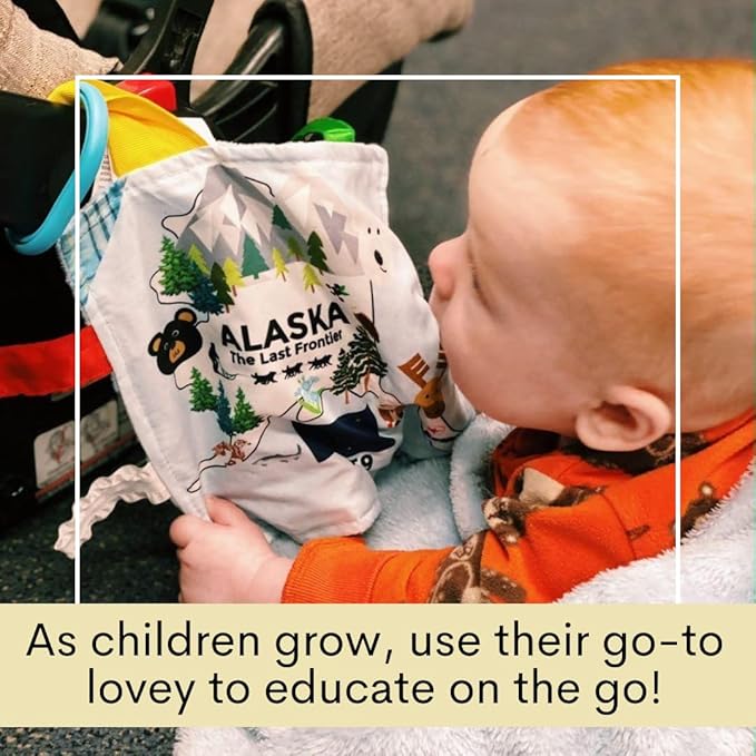 Baby Jack & Co 8x8” Learning Lovey Alaska State Tag Stroller Toy for Babies - Crinkle Toys for Developing Five Senses - Learn About Capitals - Travel with Baby Jack - BPA Free Clip