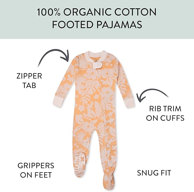 HonestBaby Non-Slip Footed Pajamas One-Piece Sleeper Zip-Front Pjs 100% Organic Cotton for Baby Girls