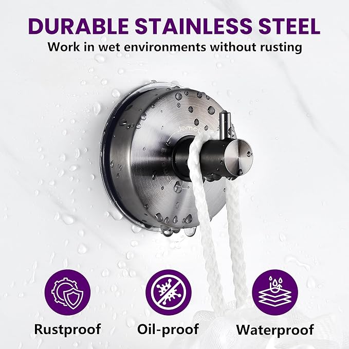 JOMOLA Suction Cup Shower Hooks for Hanging Towel Suction Hook for Inside Shower Stainless Steel Coat Hooks Wall Mounted Kitchen Utensil Stainless Steel, Brushed Black, 2PCS