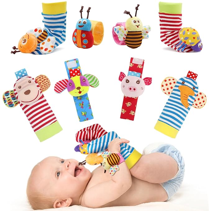 Bloobloomax Soft Baby Rattle Wrist Rattle Foot Finder Socks Set,Cotton and Plush Stuffed Infant Toys,Birthday Holiday Birth Present Gift for Newborn Boy Girl Kids Toddler (8pcs-B Set)