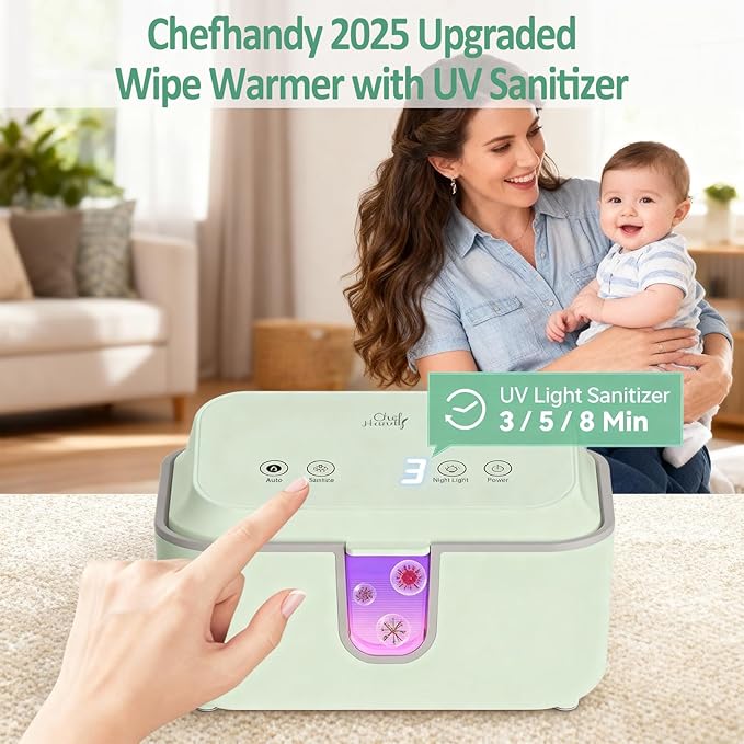 Chefhandy Baby Wipe Warmer, Wipe Warmer and Baby Wet Wipes Dispenser with UV Light Sanitizer,Baby Wipes Warmer for Babies,3 Heat Modes,Night Light,Heating Silence,Large Capacity Wipes Warmer (Green)