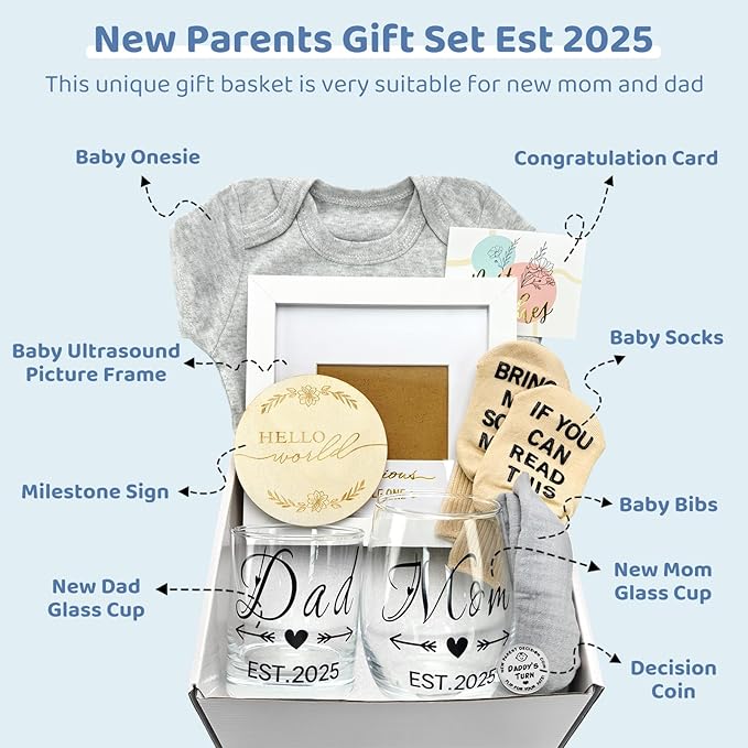 New Parents Gifts for Couples,Gender Reveal Gifts with New Mom and Dad Gifts Glass Cups Est 2025,Pregnancy Gifts for New Parents Gifts Basket,First Time Mom Gifts,Baby Shower Gifts