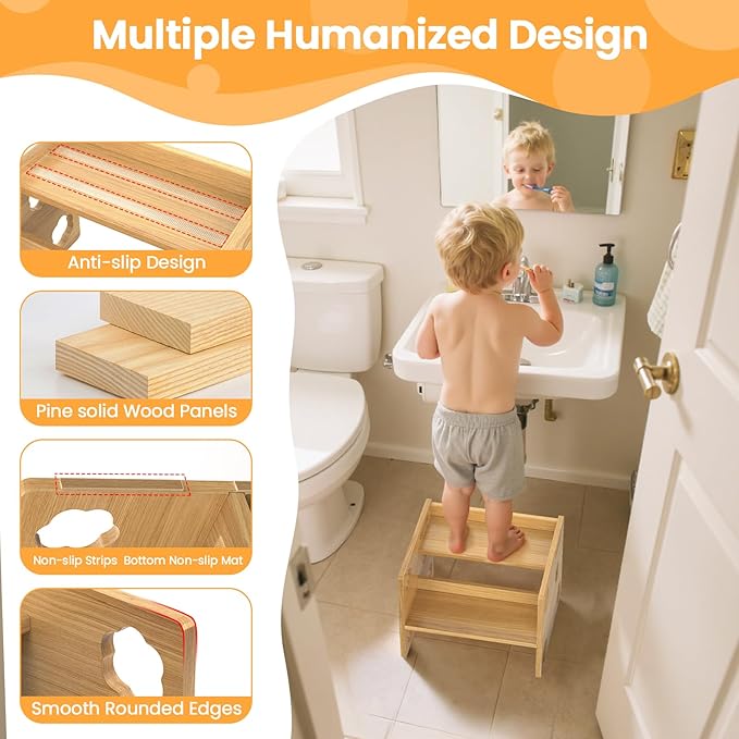 Step Stool for Toddlers Wooden, Flip Design with - Height - Adjustable Non-Slip 2-Step Stool for Kids, Non-Slip Stepping Stool for Bathroom Sink, Toilet Potty Training, Bedroom, Kitchen