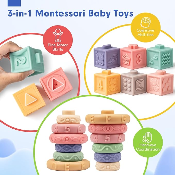 Baby Sensory Teething Toys Set, Montessori Baby Toys 6-12 Months, Incl Newborn Rattle Teether & Baby Blocks & Soft Stacking Rings, Ideal Babies Boy Girl Gifts, Infant Toys 0-3-6-9-12-18 Month