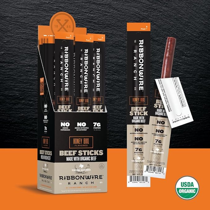 Ribbonwire Ranch Beef Sticks, Made with Organic Beef, Pasture Raised, High Protein Snack, Healthy, Low Carb, Keto Friendly, Gluten Free, Nitrate Free, On the Go, 1 Oz Sticks, Honey BBQ Flavor, 12 Pack