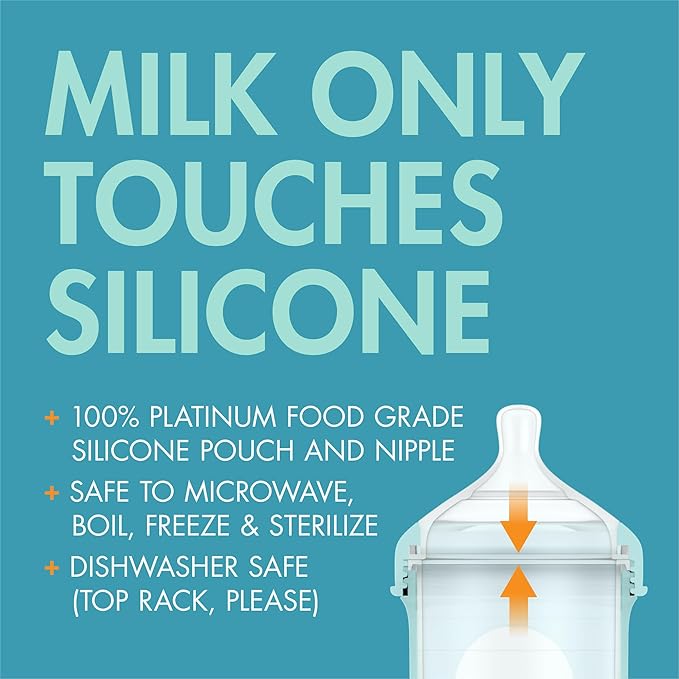 Boon Nursh Reusable Silicone Pouch Baby Bottles - Medium Flow Nipple - Silicone Baby Bottle Pouch and Nipple - Baby Feeding Essentials - Blue - 3-6 Months - 3 Count - 8 Ounce