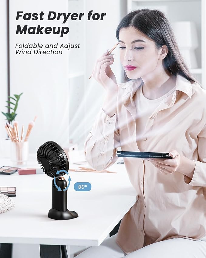 coldSky Portable Handheld Fan, 4000mAh Battery Operated 3 in 1 Multifunction Personal Travel Fans with Digital Display, 90° Foldable Desk Fan with Base, 5 Speed Lash Fan for Makeup/Office (Black)