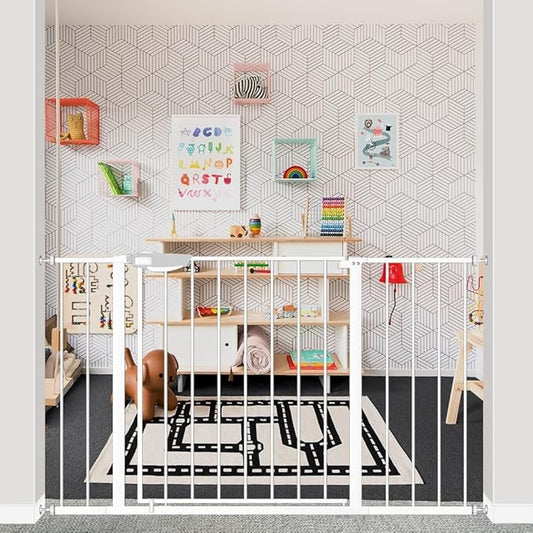 DEARBB Triple Lock Baby Gate for Stairs Doorways and House 31" to 86" Extra Wide Pressure Mounted Easy Walk Through Auto Close Safety Pet Gate White 31.1-48.42"