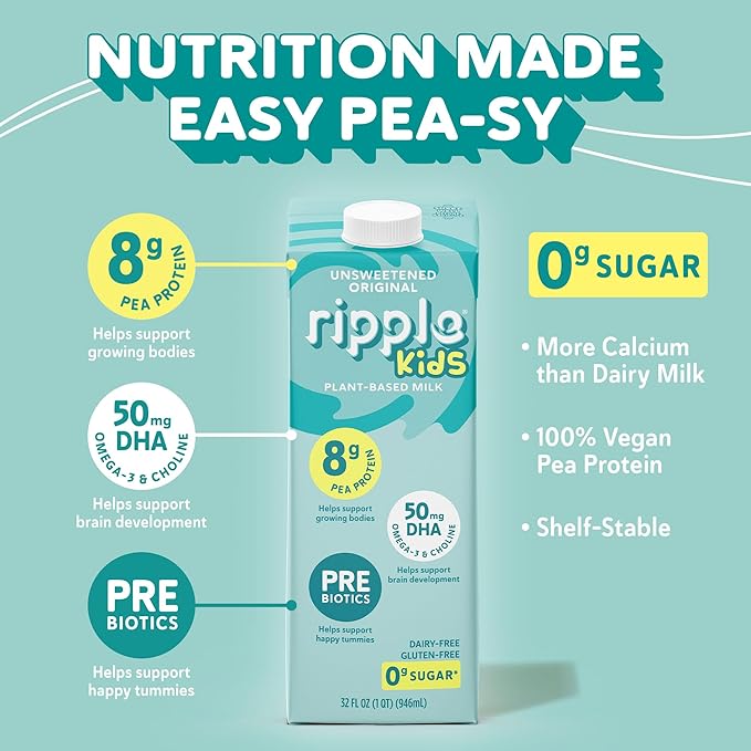 Ripple Kids Unsweetened Plant Based Milk | Pediatrician Recommended | 8g of Pea Protein | Shelf Stable | Vegan & Non GMO | Dairy, Soy, Nut, Gluten, & Lactose Free | 32 Fl Oz Cartons (Pack of 6)