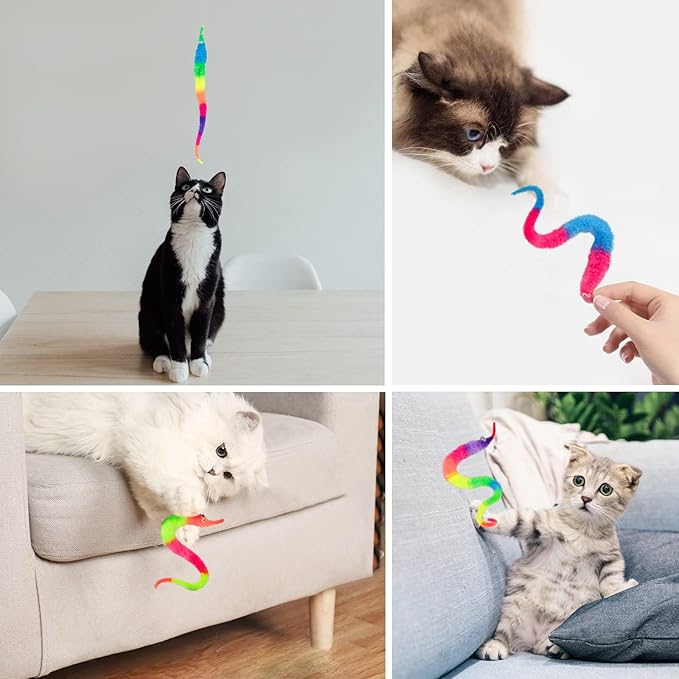 10 PCS Rainbow Fuzzy Worms On String Bulk Trick Toy Party Favors for Kid Cat ，Fuzzy Worm Toys String Pets