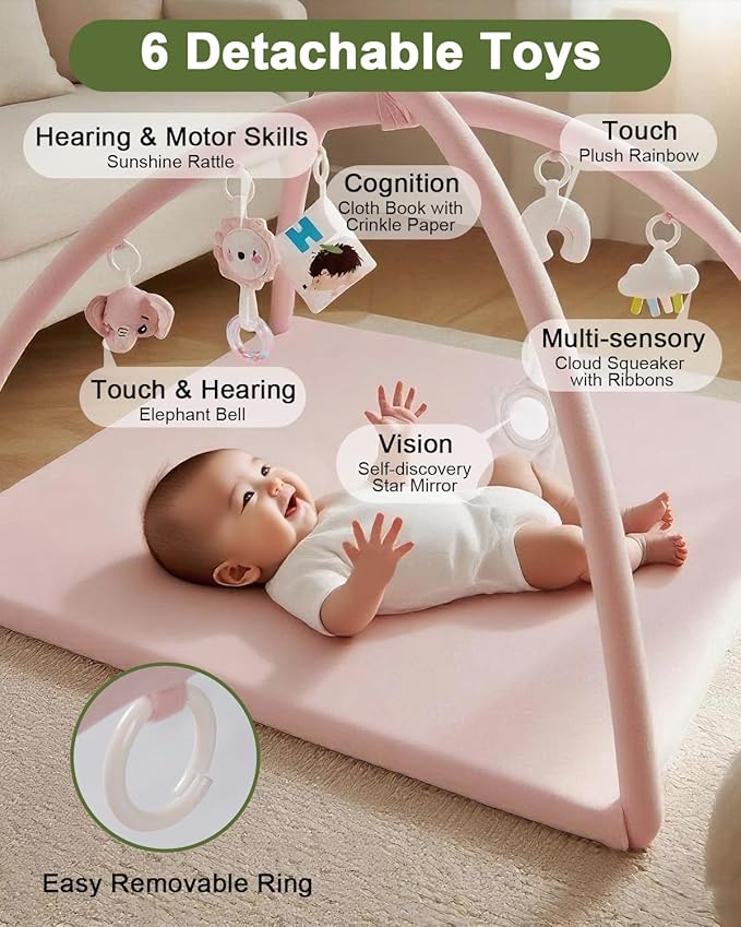 Baby Play Gym with Soft Foam Mat – Removable & Machine Washable Cover, Velvet Tummy Time Mat with 6 Sensory Toys, Non-Slip Activity Mat for Infant Development, Newborn Essentials Gift, Pink