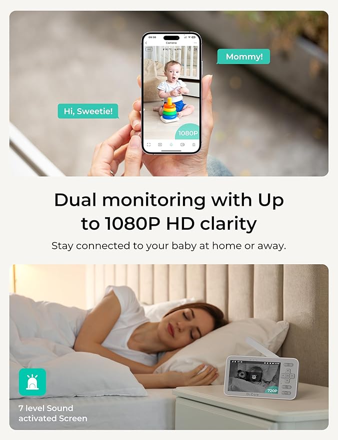 Dr.Care VistaView Lite Smart WiFi Baby Monitor - 4” 720P Split Screen & 1080P Camera App Control, Motion Alerts, HD Night Vision, 3000mAh Battery, 2-Way Talk, Multi-User, Triple Security, 1000ft Range