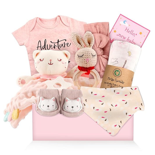Baby Girl Gifts,Baby Gifts for Girls,Newborn Baby Gifts for Girls,Baby Shower Gifts for Girl,Newborn Baby Girls Gift Basket,Unique Pink Newbaby Gift Set (9pcs)