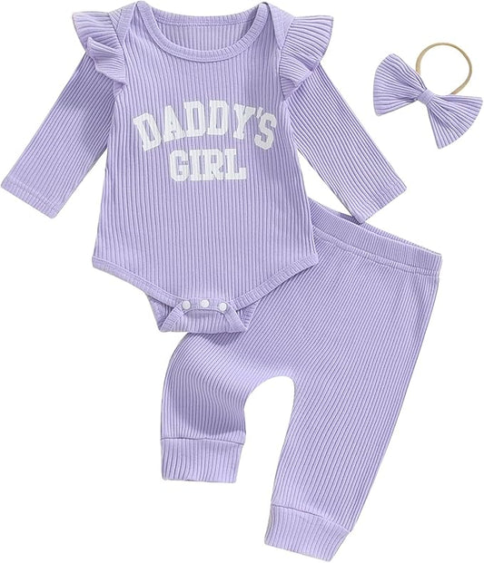 Tsnbre Newborn Baby Girl Outfits Daddys Girls Ruffle Long Sleeve Romper Top Pants Headband Infant Fall Winter Clothes