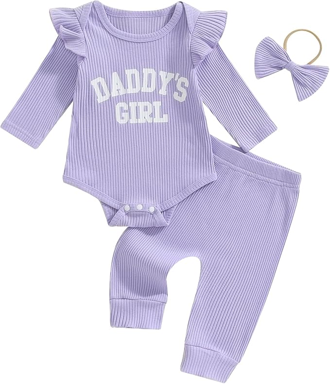 Tsnbre Newborn Baby Girl Outfits Daddys Girls Ruffle Long Sleeve Romper Top Pants Headband Infant Fall Winter Clothes