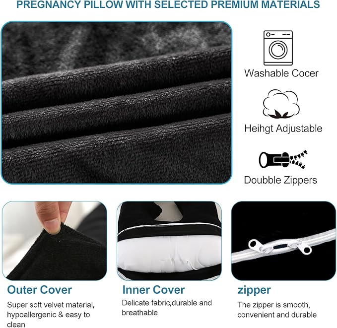Pregnancy Pillow J-Shaped Full Body Pillow, 59 inch with Velvet Cover Easy to Remove and Wash, Support Pregnant Women's Backs Legs and HIPS, Improve Sleep,Pregnancy Pillow for Women Black