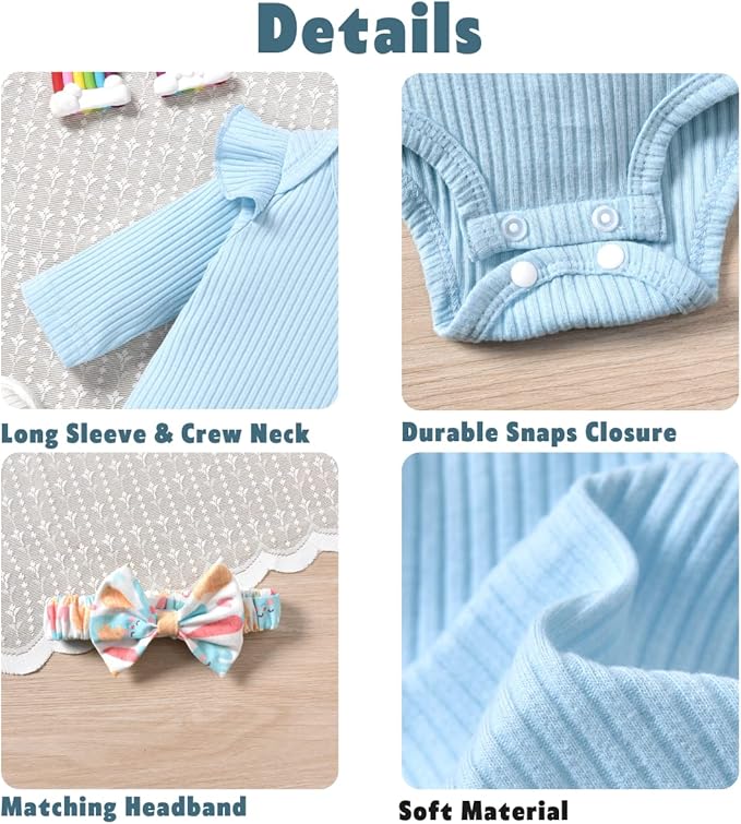 Aalizzwell Preemie Newborn Infant Baby Girls Clothes Ribbed Romper Bodysuit Pants Set Fall Winter Outfits