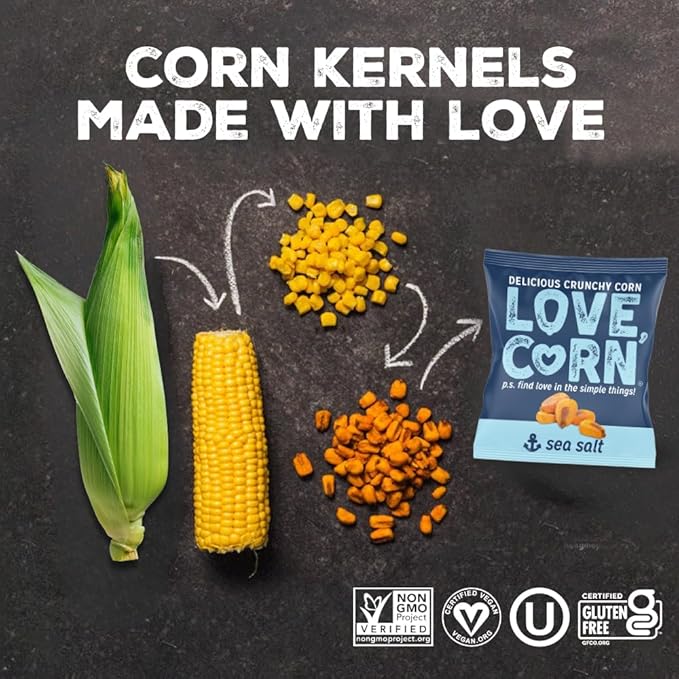 LOVE CORN Family Favorite - Sea Salt, BBQ, Salt & Vinegar, Cheddar 0.7oz x 20 - Delicious Crunchy Corn - Healthy Family Snacks - Gluten Free, NON-GMO - Alternative for Chips, Nuts, Crackers & Pretzels