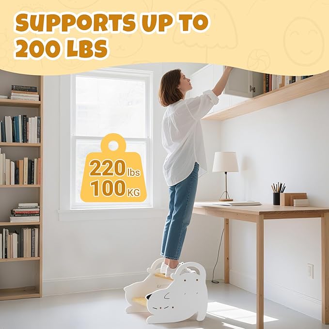 COSYLAND Wooden Kids Step Stool Holds Up to 220 Lbs - Adjustable Height 2 Step Stools for Toddlers - Easy to Clean Bathroom Stepping Stool with Non-Slip Surface and Carry Handle (Natural & White)