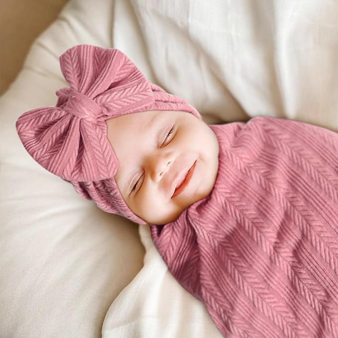 Newborn Receiving Blanket with Bow Hat Headband Wooden Card Set Wheat-Pattern Newborns Toddler Baby Boy Girl Nursery Swaddle Wrap