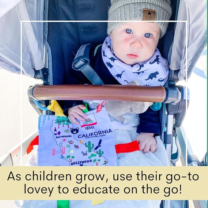 Baby Jack & Co 8x8” Learning Lovey California State Tag Stroller Toy for Babies - Crinkle Toys for Developing Five Senses - Learn About Capitals - Travel with Baby Jack - BPA Free Clip