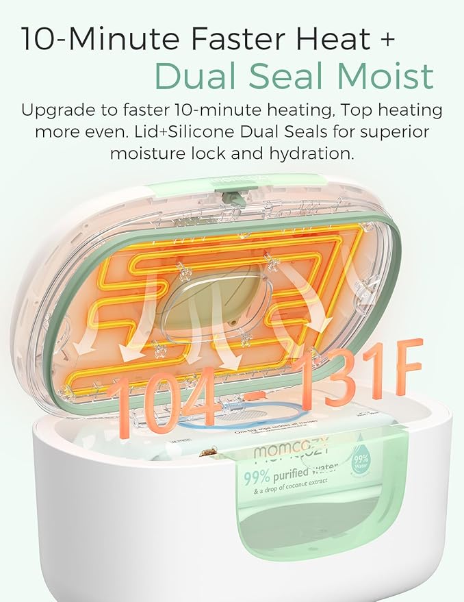 Momcozy New Baby Wipe Warmer, Large Capacity Wipe Dispenser Compatible with 60-80pcs,10-Min Fast Heating,4 Temperature Modes,Innovative Spring Design,Silicone&Top Seals,Even Heating,3-Level Nightlight