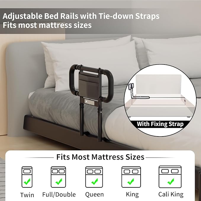 Bed Rails for Elderly Adults Safety: Elderly Assistance Products with Adjustable Double Grips, Storage Pocket, Motion Sensor Light, Items for Elderly Bed Rail, Can Withstand 300lb(Black)