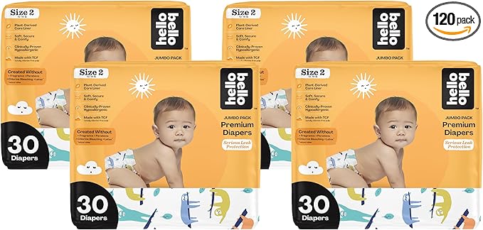 Hello Bello Premium Baby Diapers Size 2 I 30 Count of Disposable, Extra-Absorbent, Hypoallergenic Diapers with Snug and Comfort Fit I Sleepy Sloth (Pack of 4)