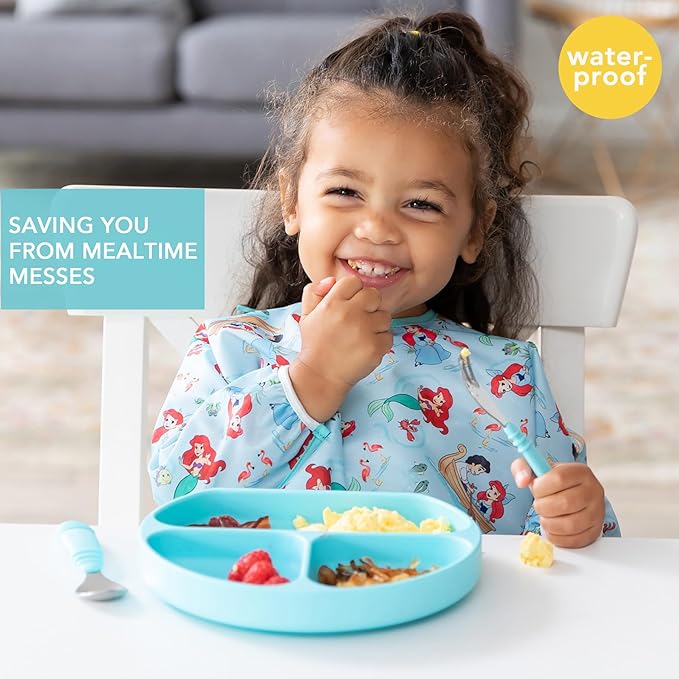 Bumkins Disney Sleeved Bib for Girl or Boy, Baby and Toddler for 6-24 Mos, Essential Must Have for Eating, Feeding, Baby Led Weaning Supplies, Long Sleeve Mess Saving Food Catcher, Soft Fabric, Ariel