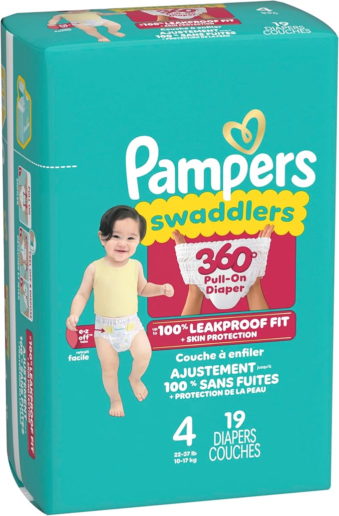 Pampers Diapers - Swaddlers 360° - Size 4, 19 Count, up to 100% Leakproof Comfy Dry Fit, Designed for Easy Changes, Pull On Baby Diaper