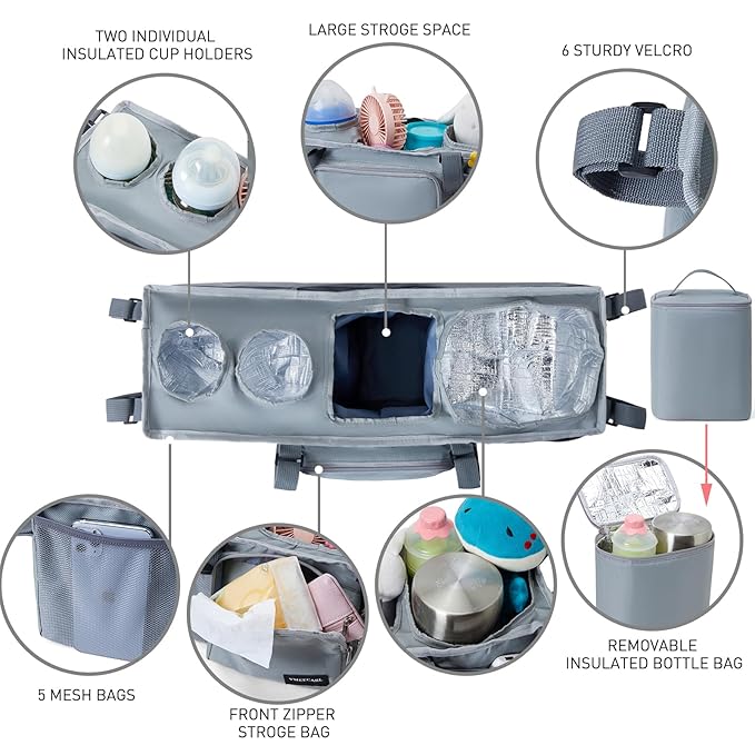 Double Stroller Organizer with 2 Insulated Cup Holders for Bob Duallie Baby Jogger City Mini GT2 Baby Stroller Accessories with Cooler Bottle Bag Parent Console Jogging Stroller Organizer