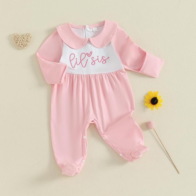 Newborn Baby Girl Footed Romper Onesie Little Sister Embroidery Fall Clothes Coming Home Outfit Vintage Jumpsuit