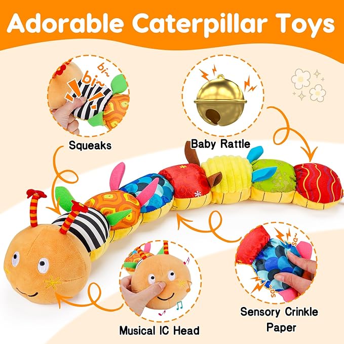 Baby Sensory Caterpillar Toys 0-3 Month Music Animal Stuffed Plush Toy for Infant 0-3-6-12 Month Tummy Time with Crinkle Rattle for Newborn 9-12 Month Texture Toy for Boy Girl Birthday Shower Gifts