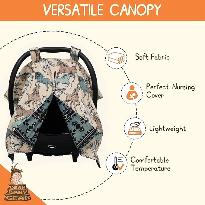 Dear Baby Gear Car Seat Cover for Boys & Girls - Baby Carseat Canopy w/Snap Opening - Infant Seat Cover - Stroller & Nursing Covers - Newborn Carrier Canopy -40x30"(Tan Teal Cream Horses, Aztec Teal)