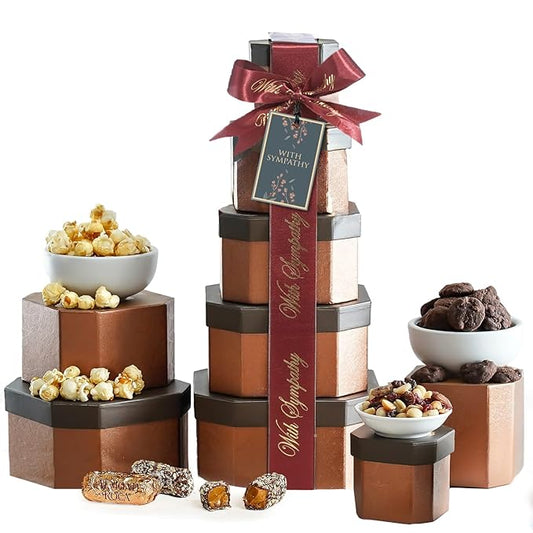 Broadway Basketeers Sympathy Gift Basket Tower– Condolences Baskets, Bereavement Care Package, Thoughtful Comforting Food Delivery for Loss of Loved One