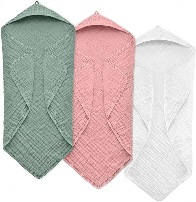 Hooded Baby Towels for Newborn, 35x35 Inch 3 Pack 100% Muslin Cotton Baby Bath Towel, Soft Baby Beach Towels with Hood for Infants, Toddlers and Kids, Essentials Must Haves