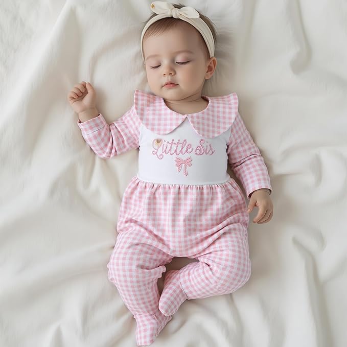 Newborn Baby Girl Footed Romper Onesie Little Sister Embroidery Fall Clothes Coming Home Outfit Vintage Jumpsuit