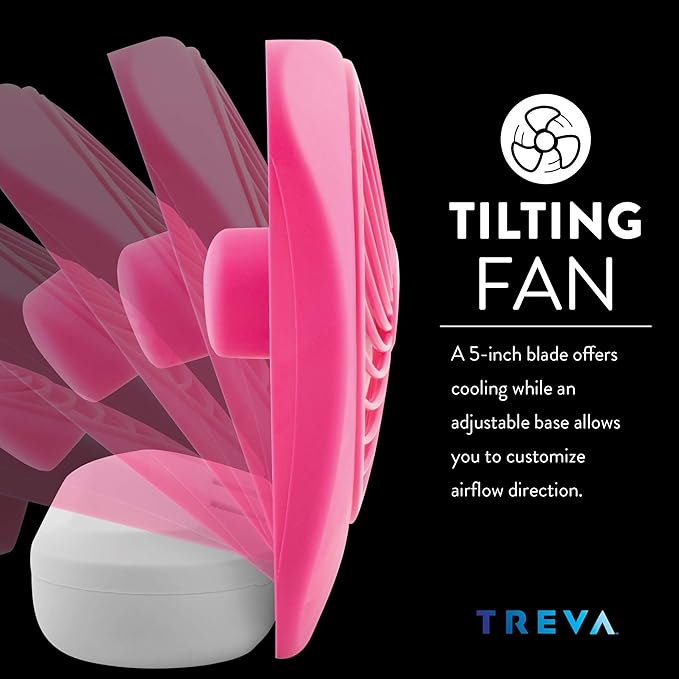 O2COOL Treva 5 Inch Battery Powered Fan Portable Desk Fan 2 Cooling Speeds with Compact Folding & Tilt Design Cubicle Accessories Small Portable (Raspberry)