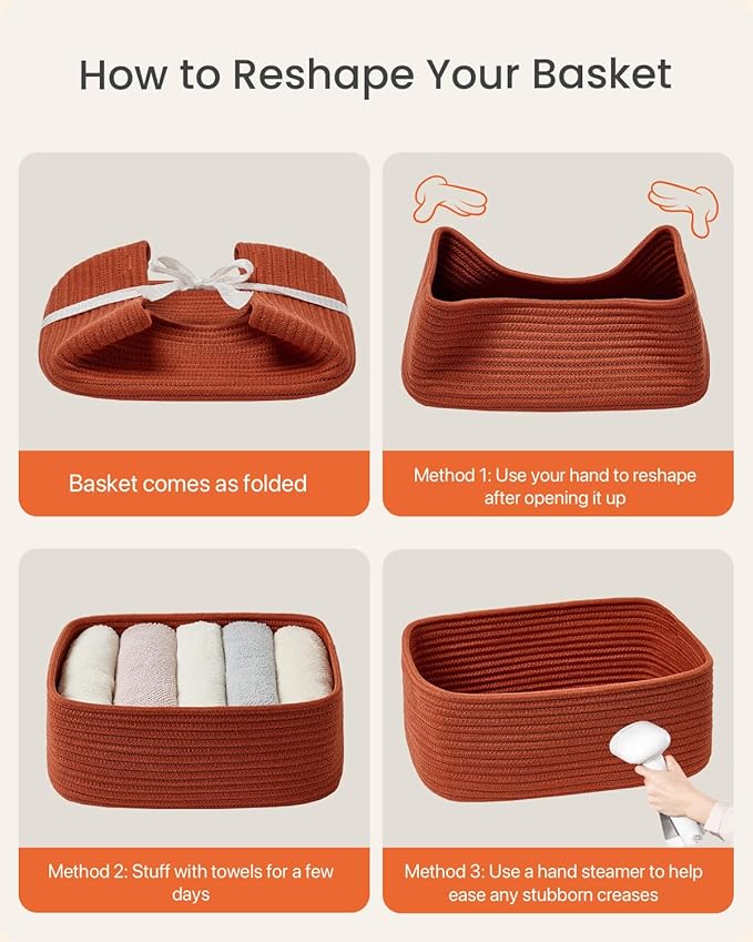 Small Woven Basket, 13.5 x 9.5 x 5 Inches, Storage Basket for Organizing, Cute Small Rope Shelf Closet Cube Storage Bins Baskets for Shelves, Dog Toy Gift Baskets Empty, 3 Pack Rust Red