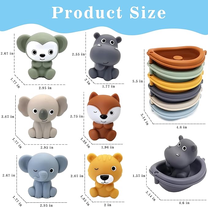 Bath Toys Floating Boats, 12Pcs Bath Toys for Kids Ages 1-3 or Babies 6-12-18 Months, Mold Free Bath Pool Toy for Toddlers 2-4, Stacking Toys, Soft Finger Puppets Animals Bath Toy