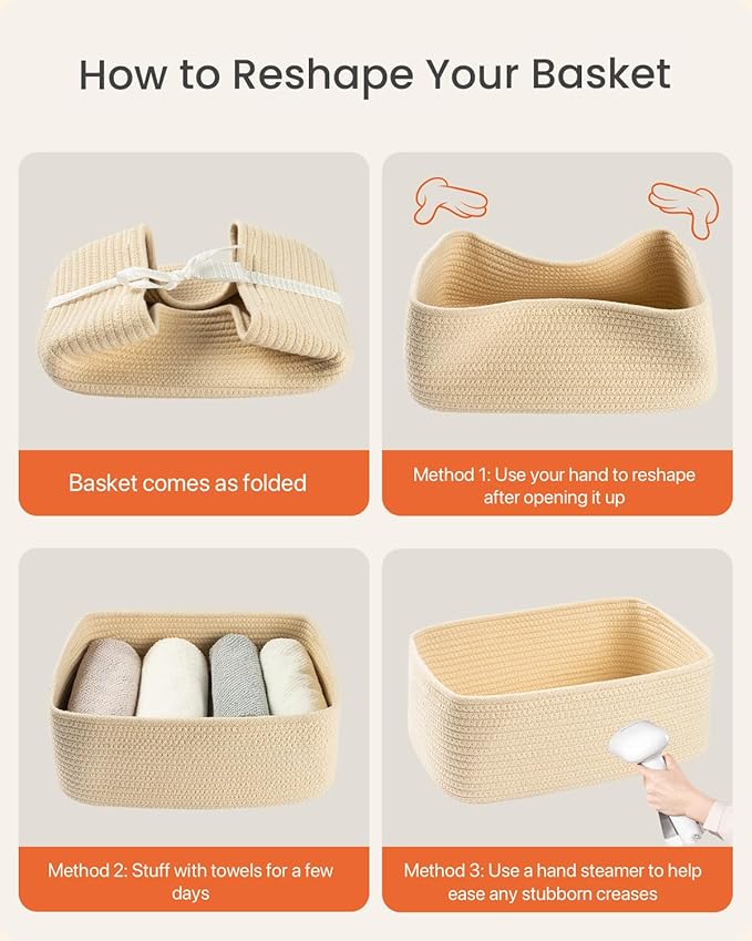 Small Woven Basket, 13.5 x 9.5 x 5 Inches, Storage Basket for Organizing, Cute Small Rope Shelf Closet Cube Storage Bins Baskets for Shelves, Dog Toy Gift Baskets Empty, 3 Packs, Beige